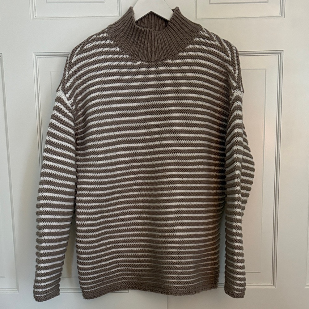 Haven Well within Taupe Striped Women's Mockneck Sweater - Picture 2 of 3